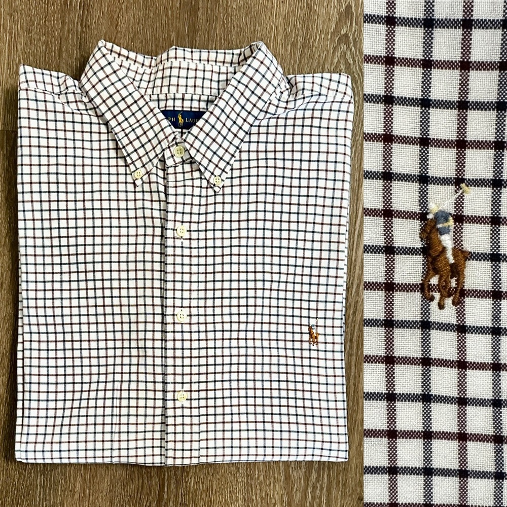 Ralph Lauren White Button-Down Shirt with Brown and Navy Windowpane Plaid